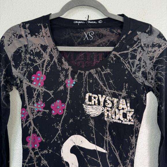 Christian Audigier Crystal Rock Top Womens XS Crane Blossom Y2K Tunic Shirt Tee - Picture 5 of 12